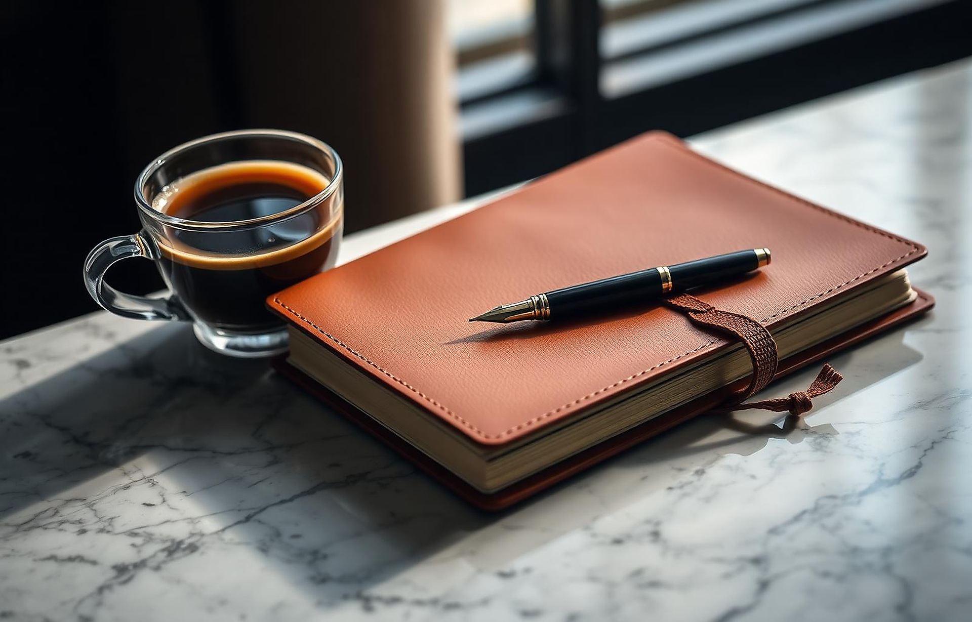 A leather journal and fountain pen on a marble desk